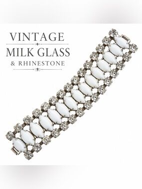 Vintage Milk Glass & Rhinestone Statement Bracelet - White